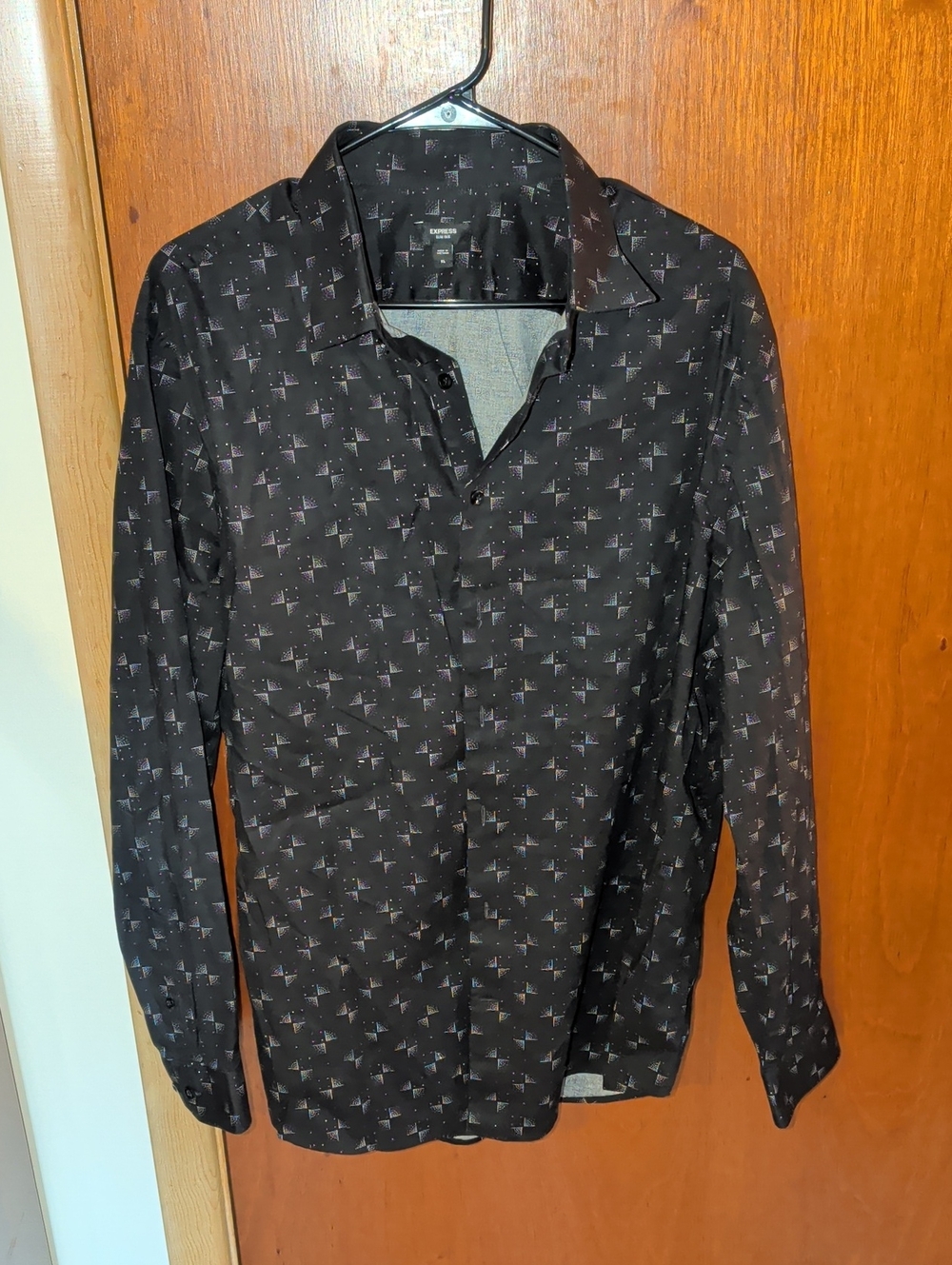 Express Black Geometric-Print Long Sleeve Dress Shirt